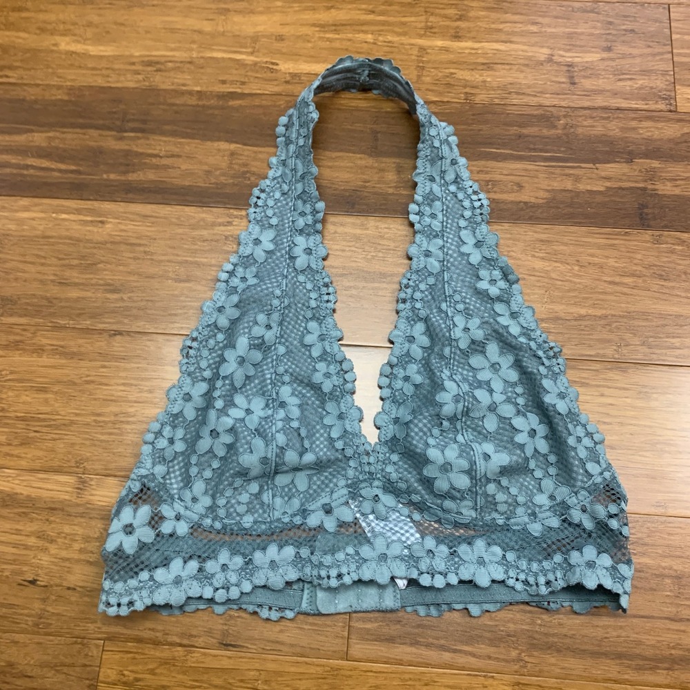 Forever 21 Lace Halter Bralette Womens Size Small Floral Lingerie Top Blue Green